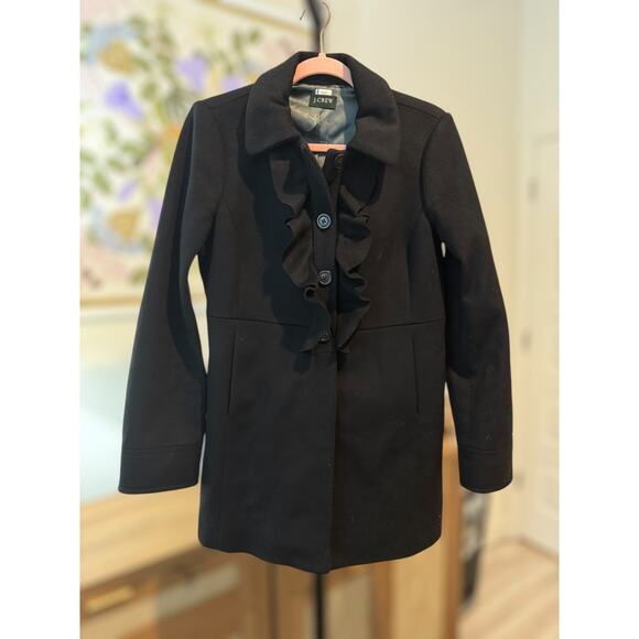 J. Crew Wool Ruffle Trim Front Button Pea Coat 17501 Black Womens Size Small - Picture 6 of 9